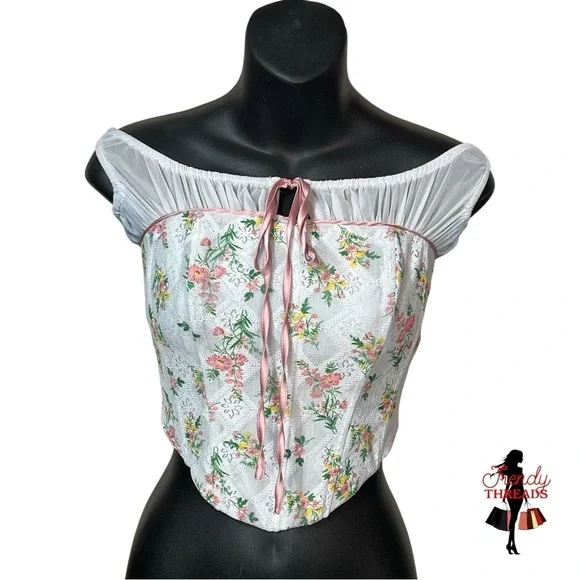 Fashion Nova Corset Top Extra Small XS White Pink Floral Boho Coquette Feminine - Picture 2 of 14
